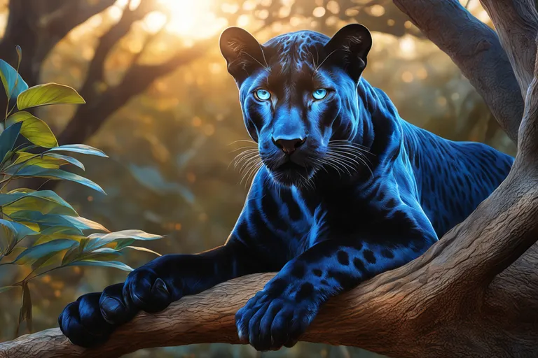 a black leopard resting on a tree branch, Anime