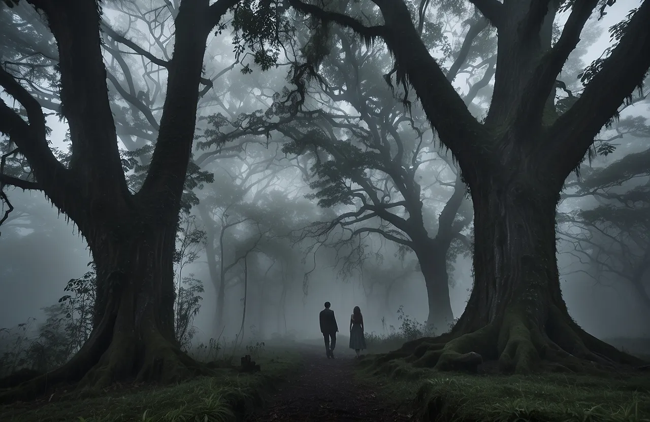 two people walking down a path through a forest