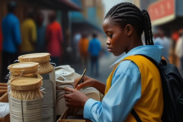 a woman standing in front of a table filled with boxes