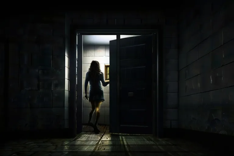 a woman standing in a dark hallway with a door open