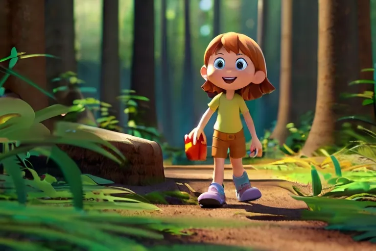 a young girl is walking through a forest