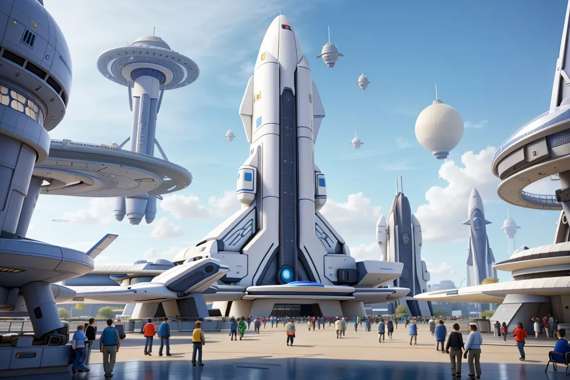 A futuristic spaceport bustling with activity, with towering spacecraft standing on launch pads.