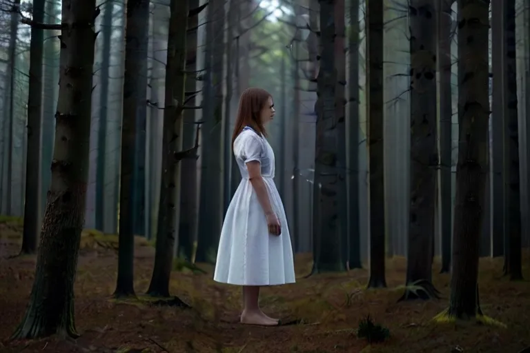 a woman in a white dress standing in a forest