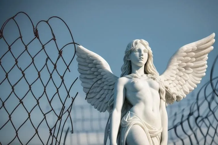 a statue of a woman with angel wings next to a barbed wire fence