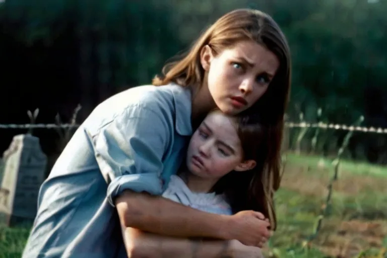 a woman hugging a young girl in a field