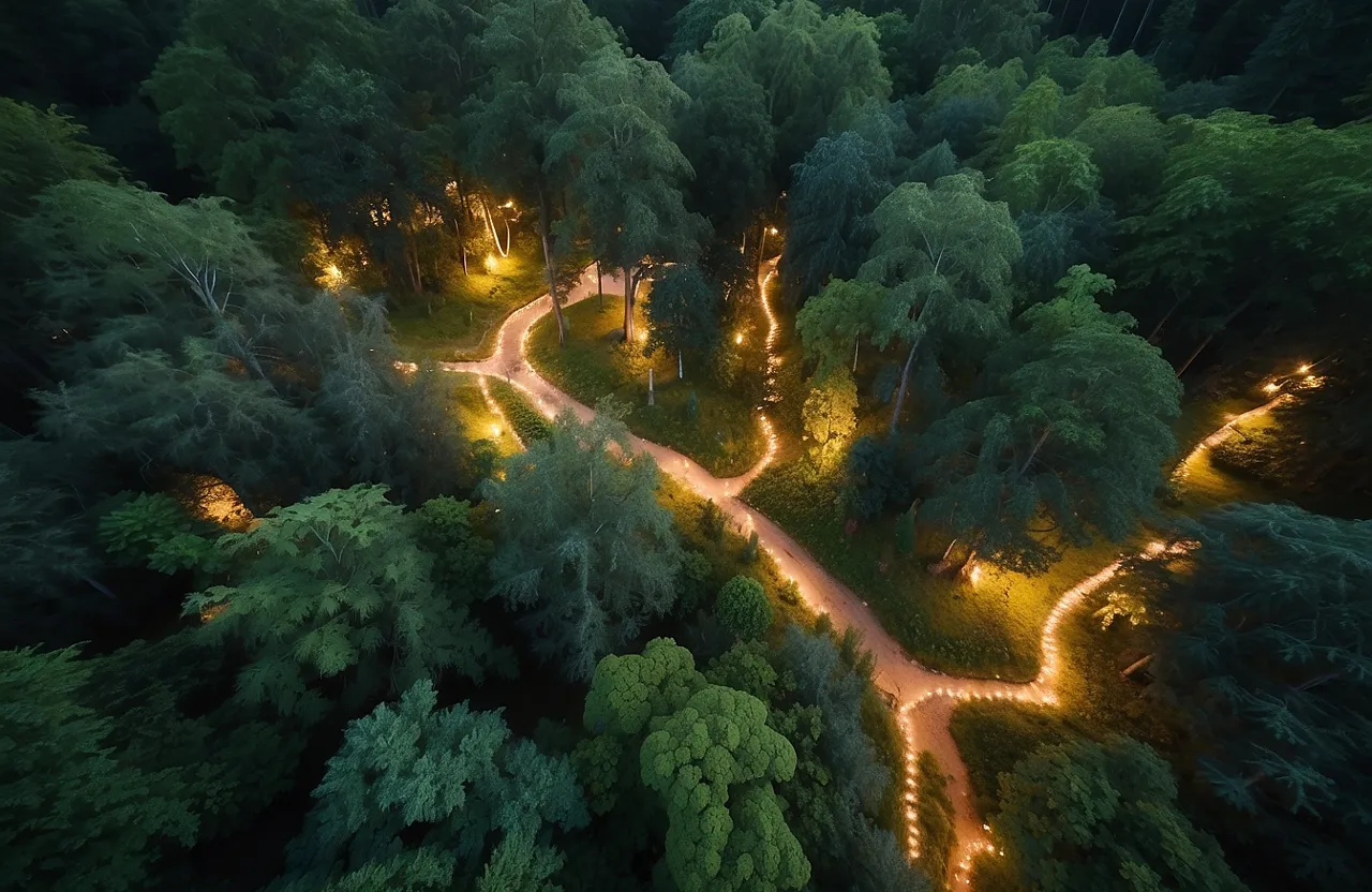 A sweeping aerial view of the lush, vibrant forest, with towering trees adorned with twinkling fairy lights.