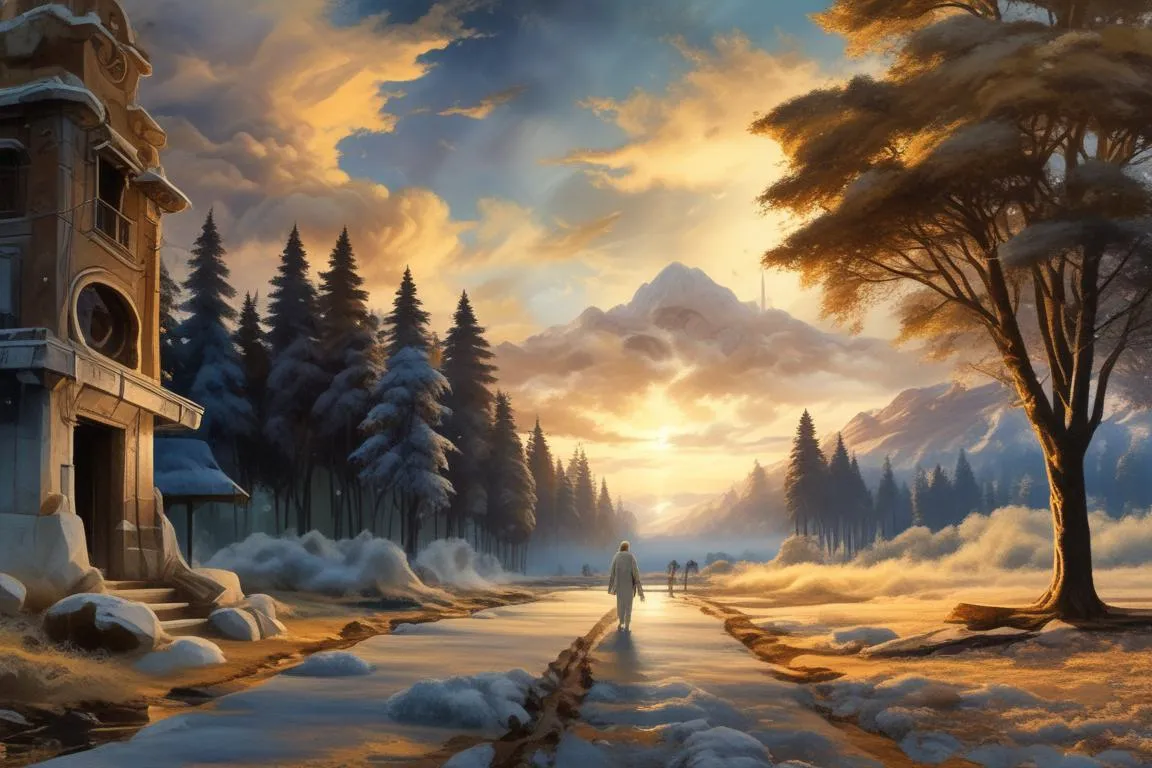 a painting of a person walking down a snowy road