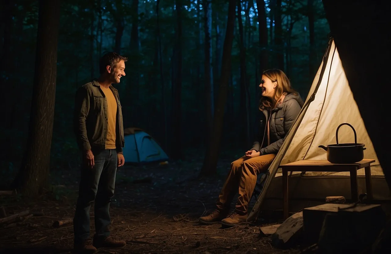 a man and a woman standing next to a tent in the woods