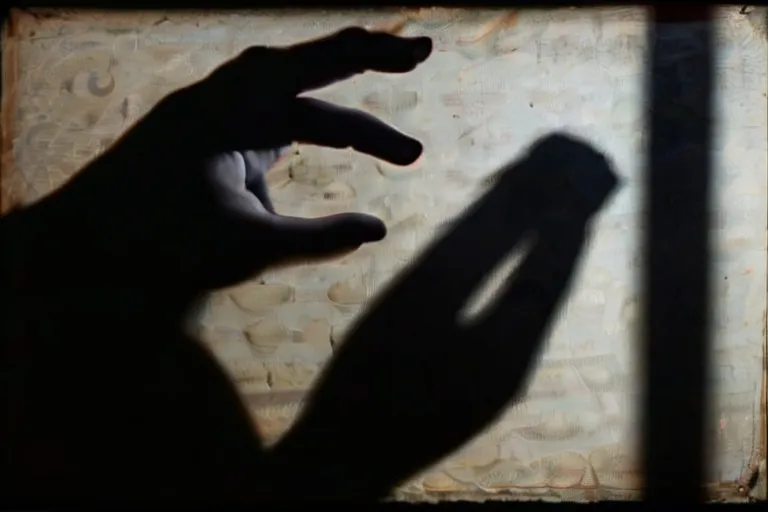 a shadow of a person's hand on a wall