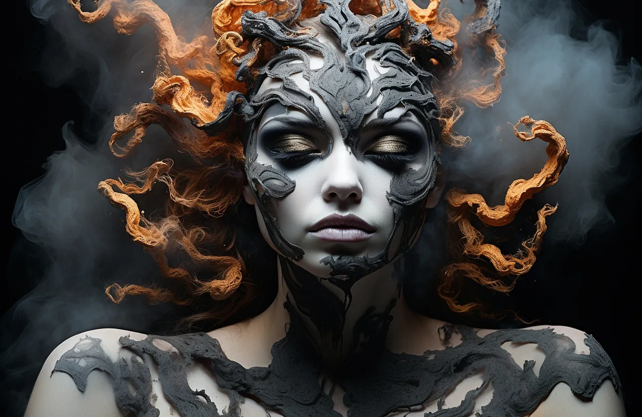 a woman wearing a mask with flames on her face