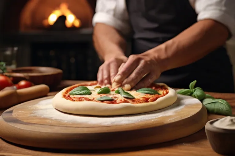 a person making a pizza on a wooden table