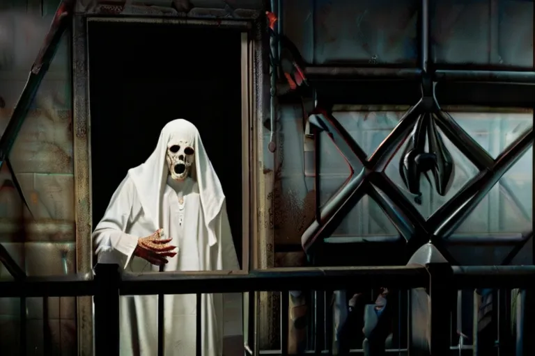 a man in a ghost costume standing outside of a building