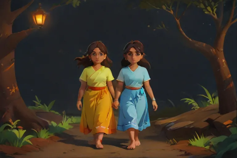  Pratyusha, Sadhika, and Bhargavi walk side by side along a tranquil path, their footsteps leaving behind imprints of light that illuminate the darkness, symbolizing their commitment to bringing hope and renewal to the underworld.