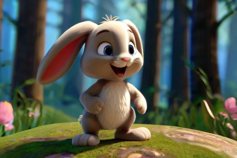 a cartoon rabbit standing on top of a lush green field"Bella, the Bunny, is full of boundless energy and love. She hops and skips through the forest, spreading joy wherever she goes."