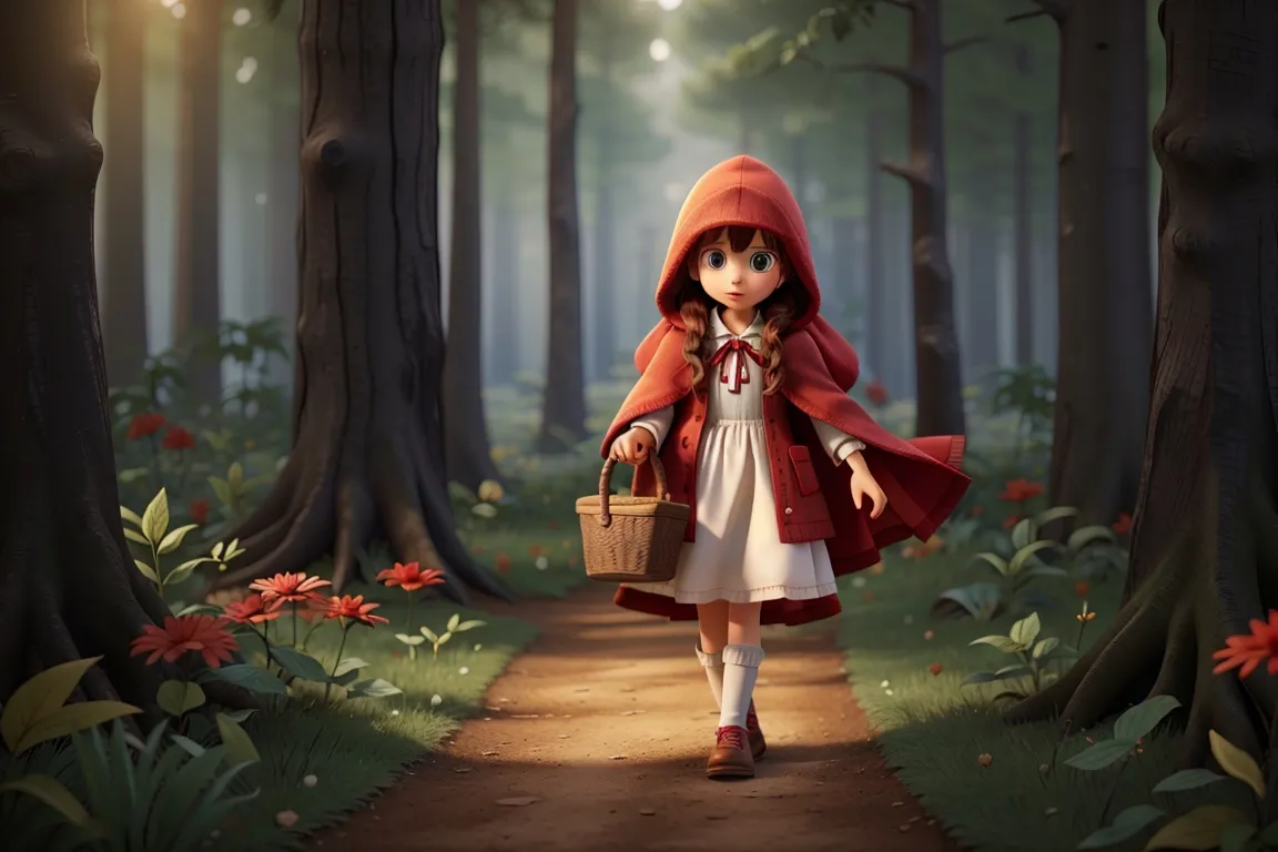 a little red riding in the woods with a basket