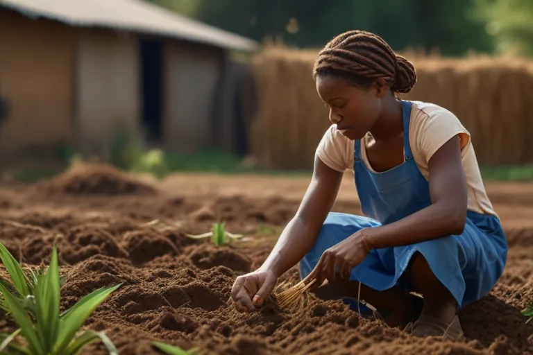 a woman kneeling down in a field of dirt