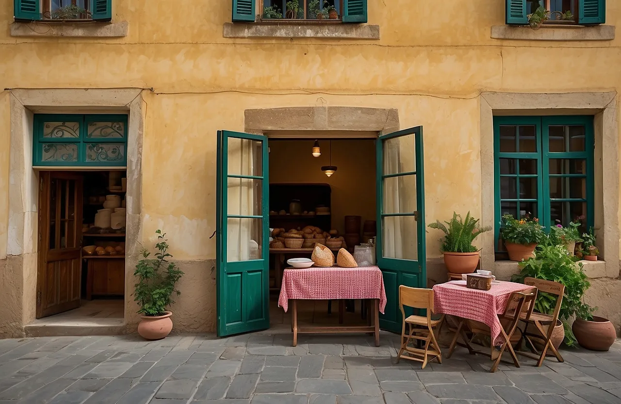 a table and chairs outside of a building