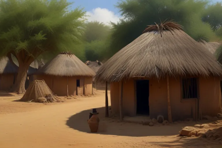 a village with thatched roofs and a dirt road