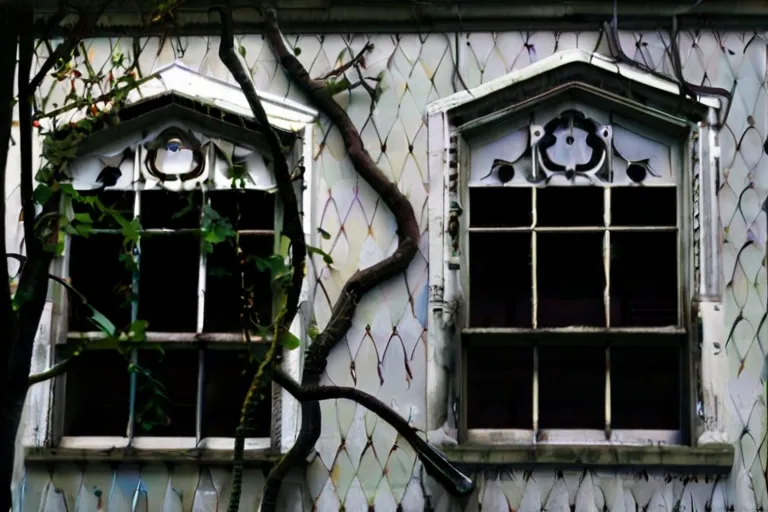 a building with two windows and a tree in front of it