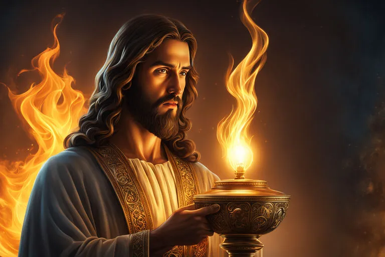 a painting of jesus holding a lamp in his hand