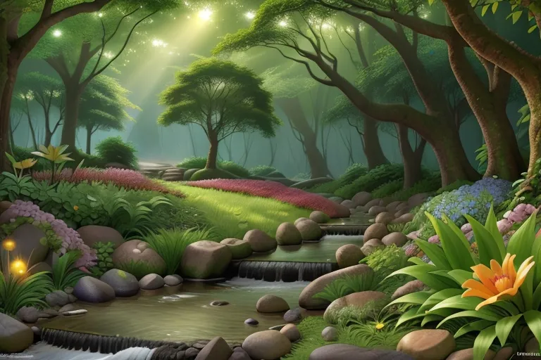  A lush forest with sunlight filtering through the canopy, illuminating a sparkling stream and vibrant flowers.