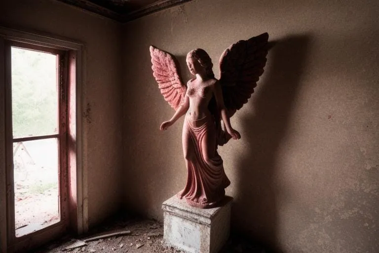 a statue of an angel in a run down room