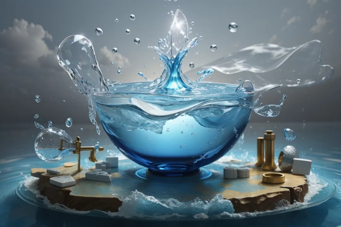 a blue bowl filled with water surrounded by other items