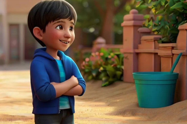 a young boy standing in front of a potted plant