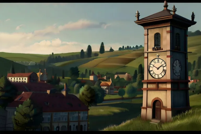 a painting of a clock tower in the middle of a town