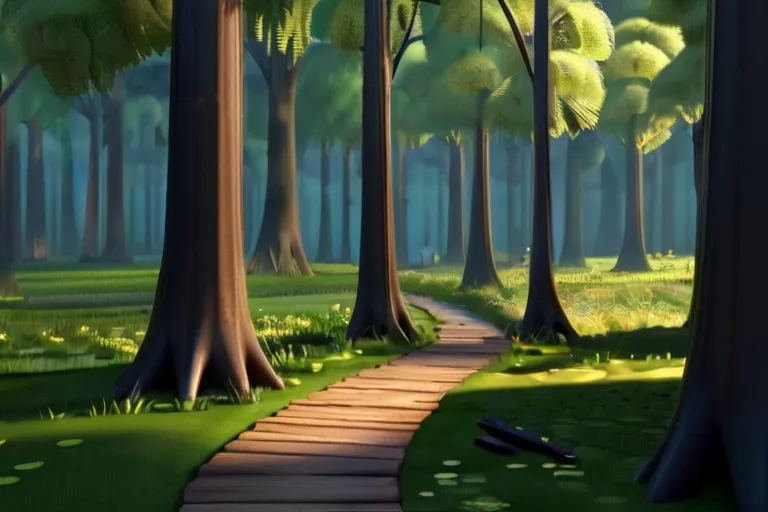 a painting of a path through a forest