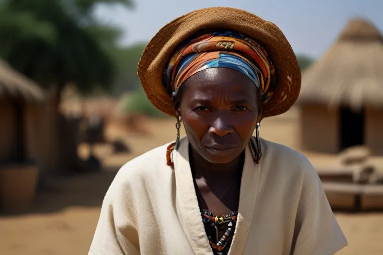 a woman with a hat on standing in front of a hut