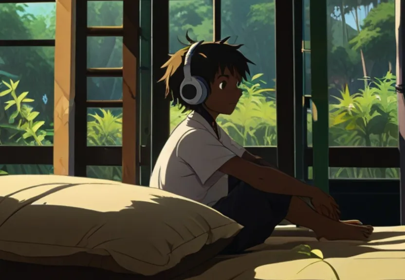 a person sitting on a bed with headphones on