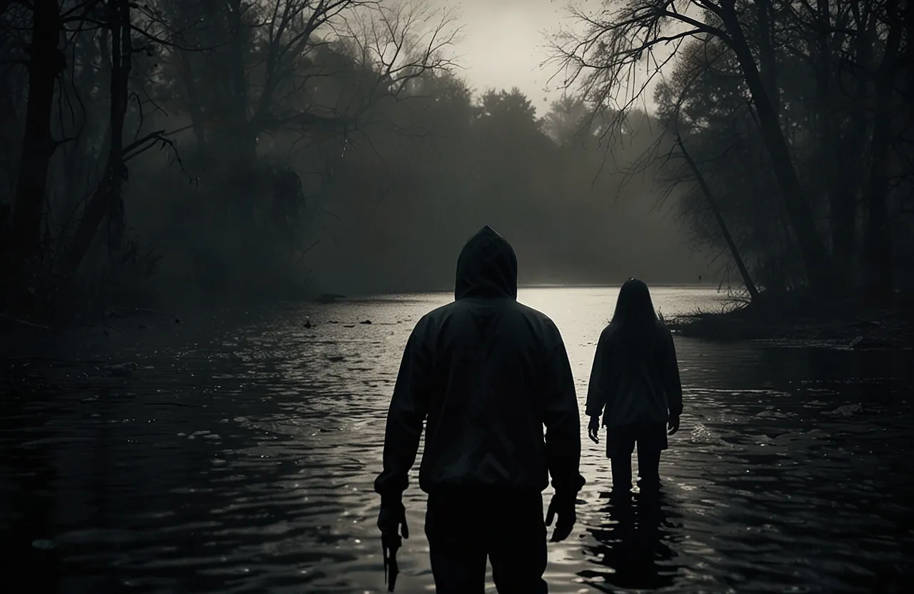 a couple of people walking across a river