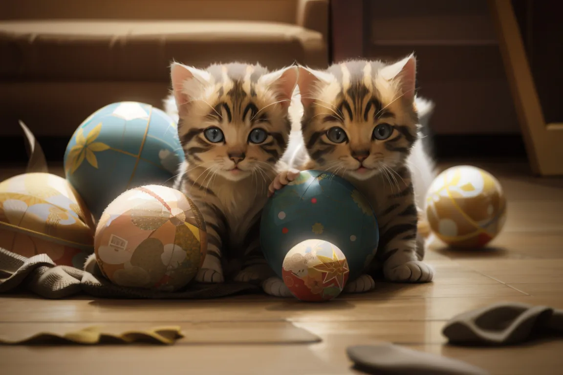 a couple of kittens sitting on top of a wooden floor