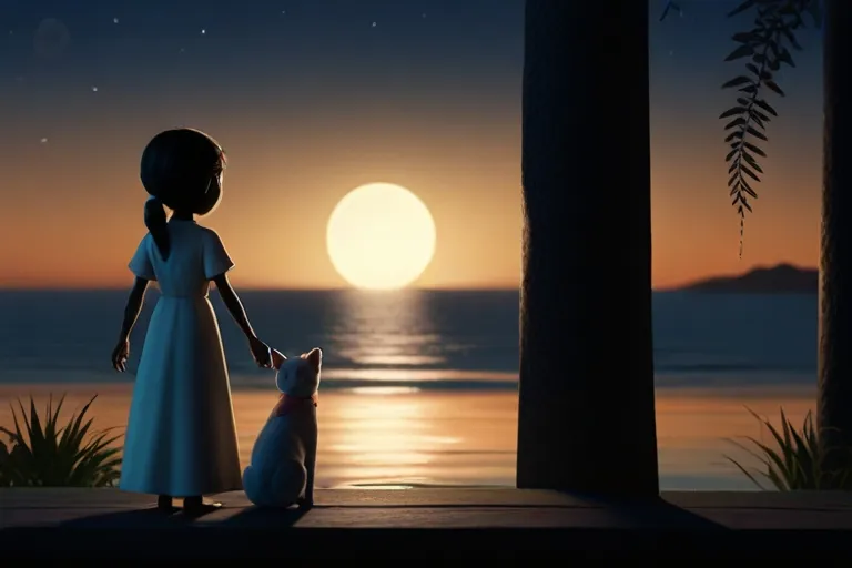 a little girl standing next to a dog in front of a sunset