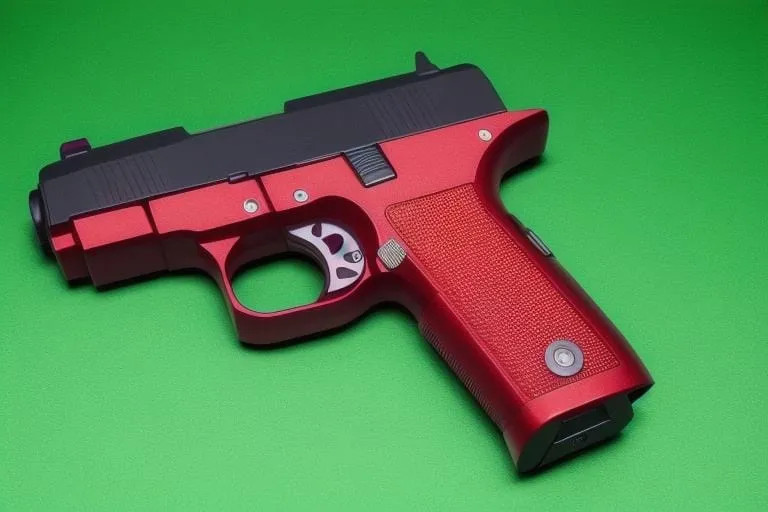 a red and black gun on a green background