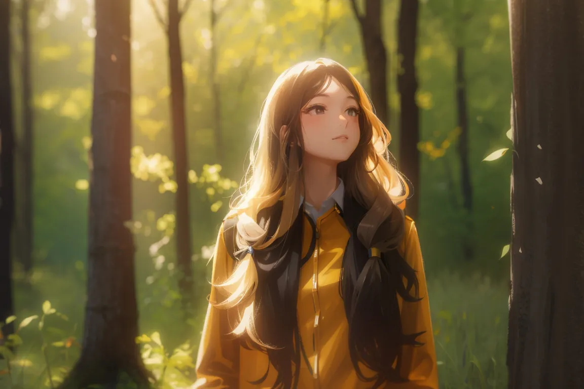 a woman in a yellow jacket standing in a forest