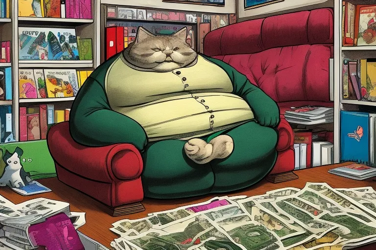 a cat is sitting on a couch in a room full of money