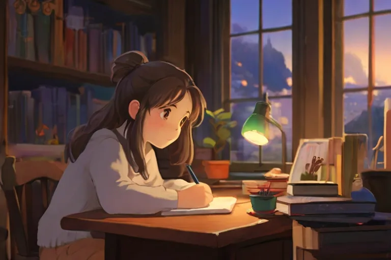 a girl sitting at a desk writing in front of a window