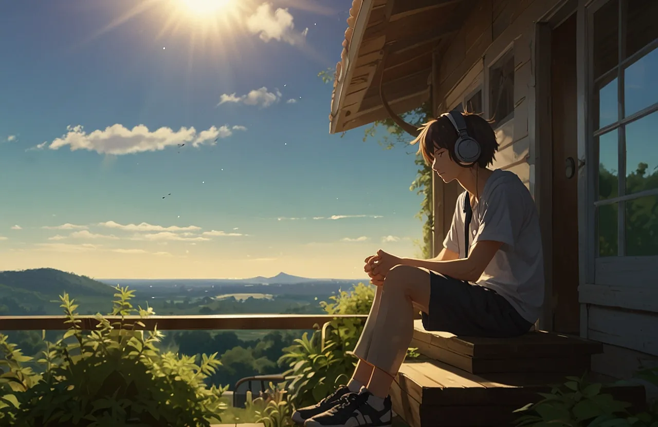 anime, person sitting on a porch with headphones on, High detail, High quality