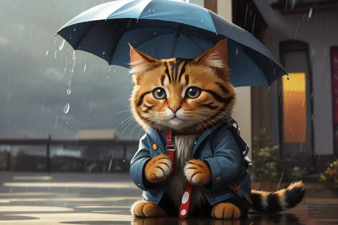 a cat sitting on the ground holding an umbrella