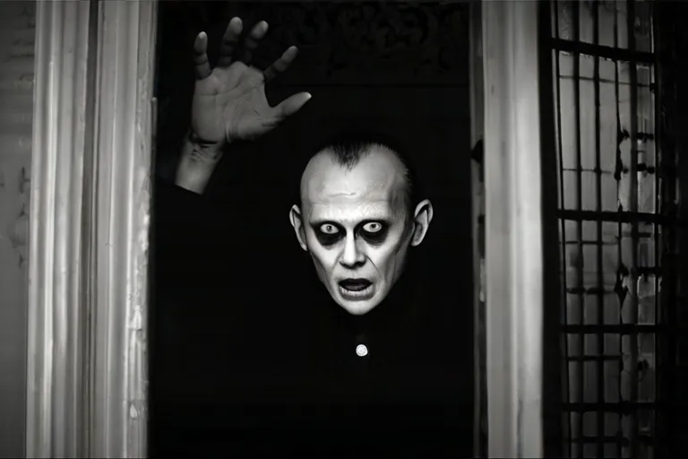 a man in a creepy mask is coming out of a door