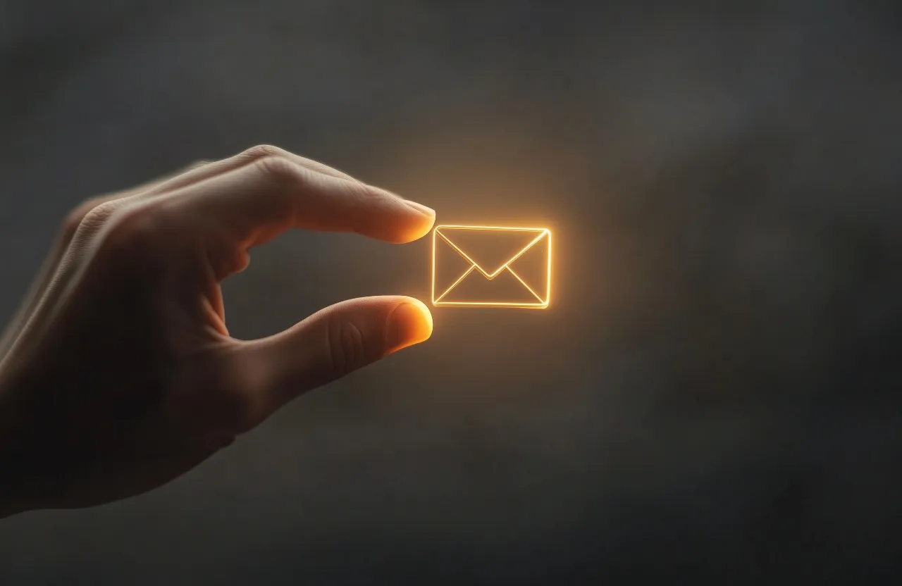 a person's hand holding a glowing envelope