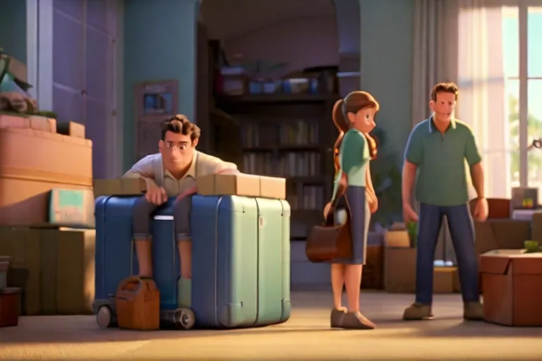 a group of people standing around a living room filled with luggage