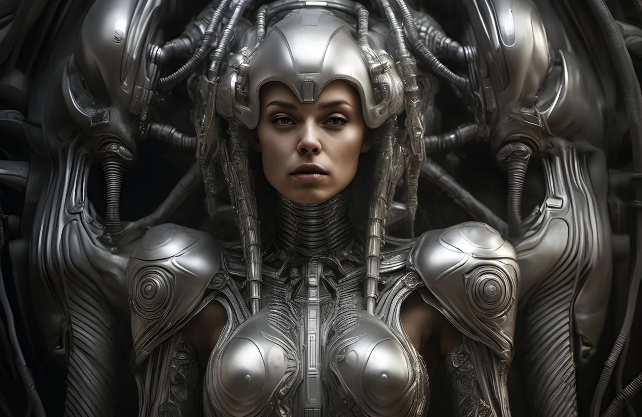 a woman in a futuristic suit with large metal arms