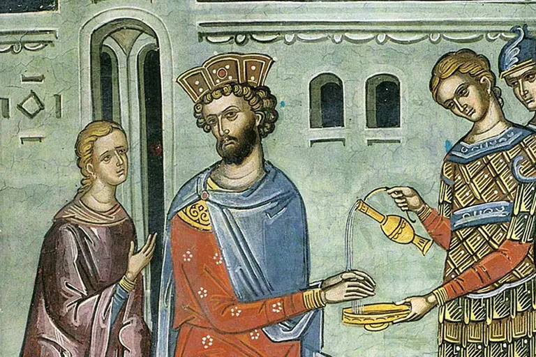 a painting of a man handing something to another man