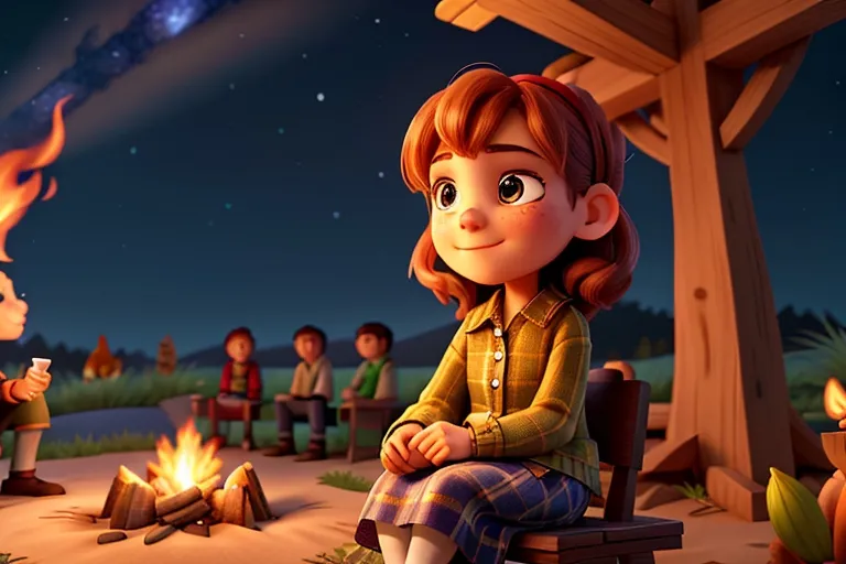 Lily sits beside a campfire under a starry sky, her face illuminated by the flickering flames as she listens to the tales of fellow travelers, her soul enriched by the stories they share.

