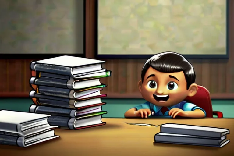 a cartoon boy sitting at a desk with a pile of books