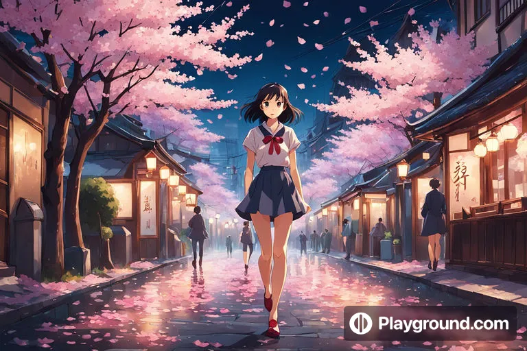 a girl walking down a street with cherry blossom trees