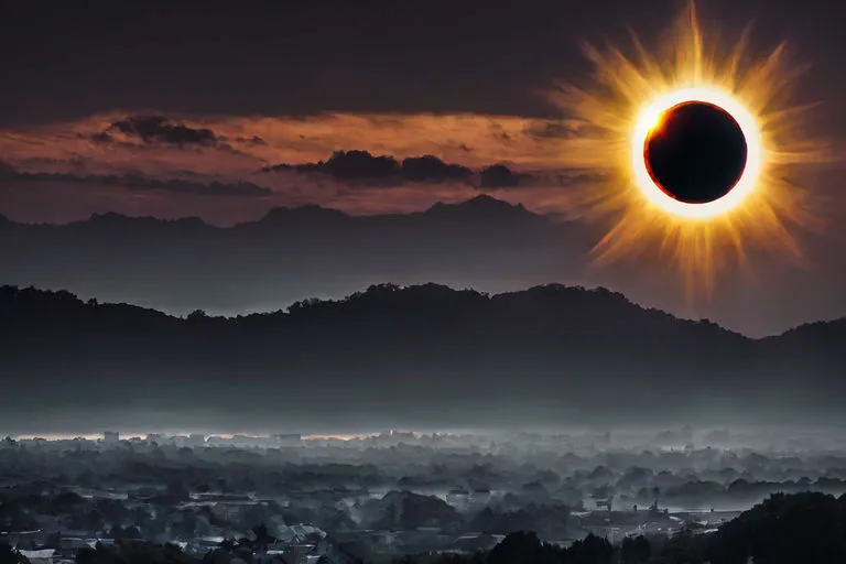 a solar eclipse is seen over a city